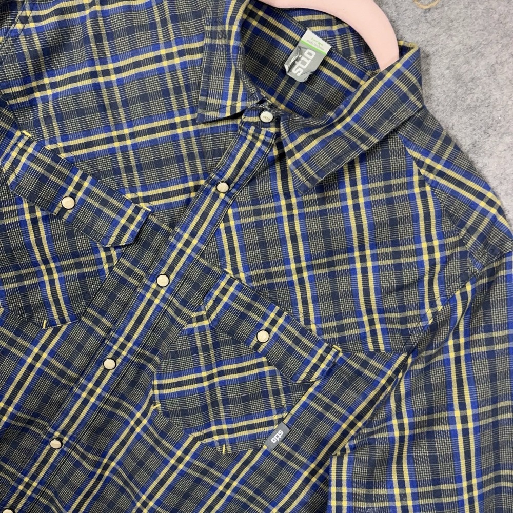Stio Pearl Snap Flannel Shirt Men Sz L Blue Yellow Plaid Pockets Hiking Outdoors
